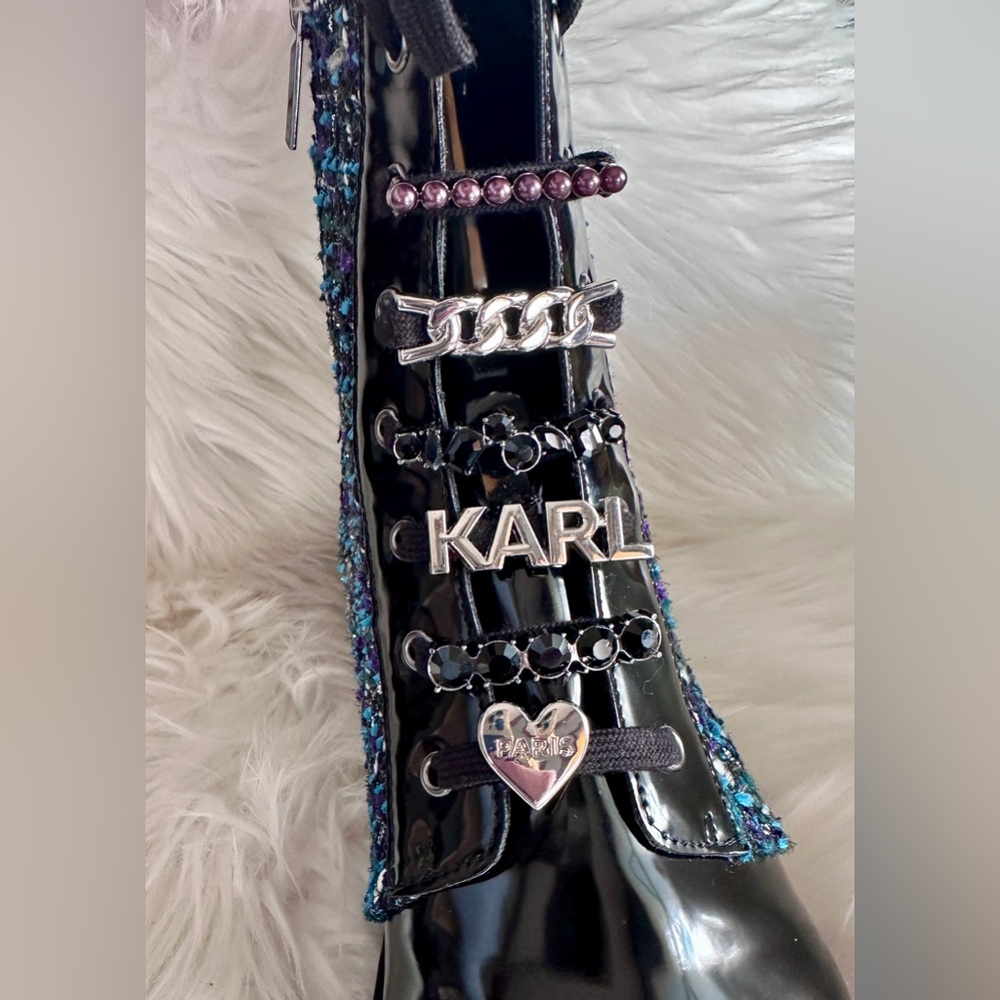 Karl Lagerfeld COMBAT STYLE Jeweled BOOTS! NEW size 10! Zip sides patten black - Picture 9 of 10